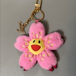 Louis Vuitton Pink Flower Fur Key Charm with Gold LV Logo